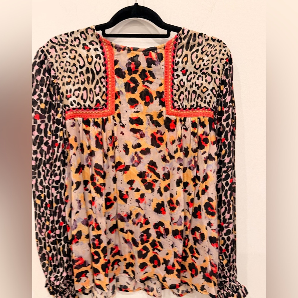 Bishop + Young Leopard Print Boho Blouse Medium Anthropologie Style Top